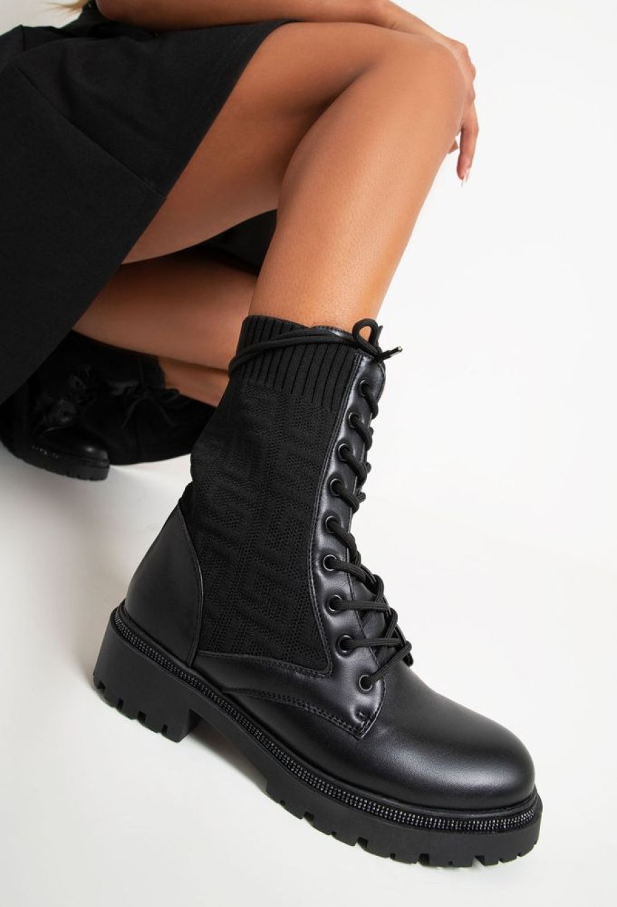 Best Spoil Myself Black Diamante Detail Lace Up Knit Ankle Boots Boots