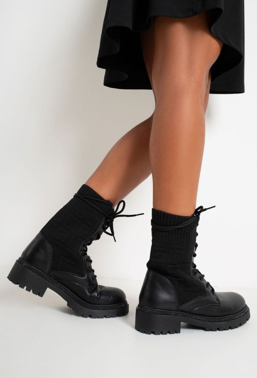 Best Spoil Myself Black Diamante Detail Lace Up Knit Ankle Boots Boots