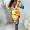 Online Chasing Rainbows Multi Shoulder Padded Long Sleeve Ruched Midi Dress Summer Dresses