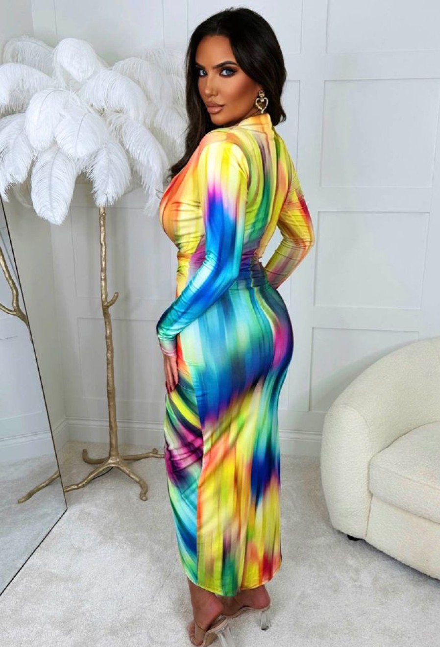 Online Chasing Rainbows Multi Shoulder Padded Long Sleeve Ruched Midi Dress Summer Dresses