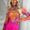 Clearance Love Burst Multi Rainbow Long Sleeve Mesh Print Bodysuit Tops