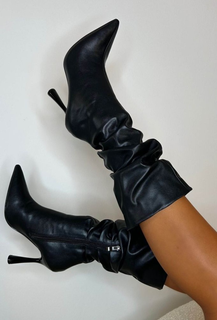 New Leave A Message Black Faux Leather Ruched Boot High Heels