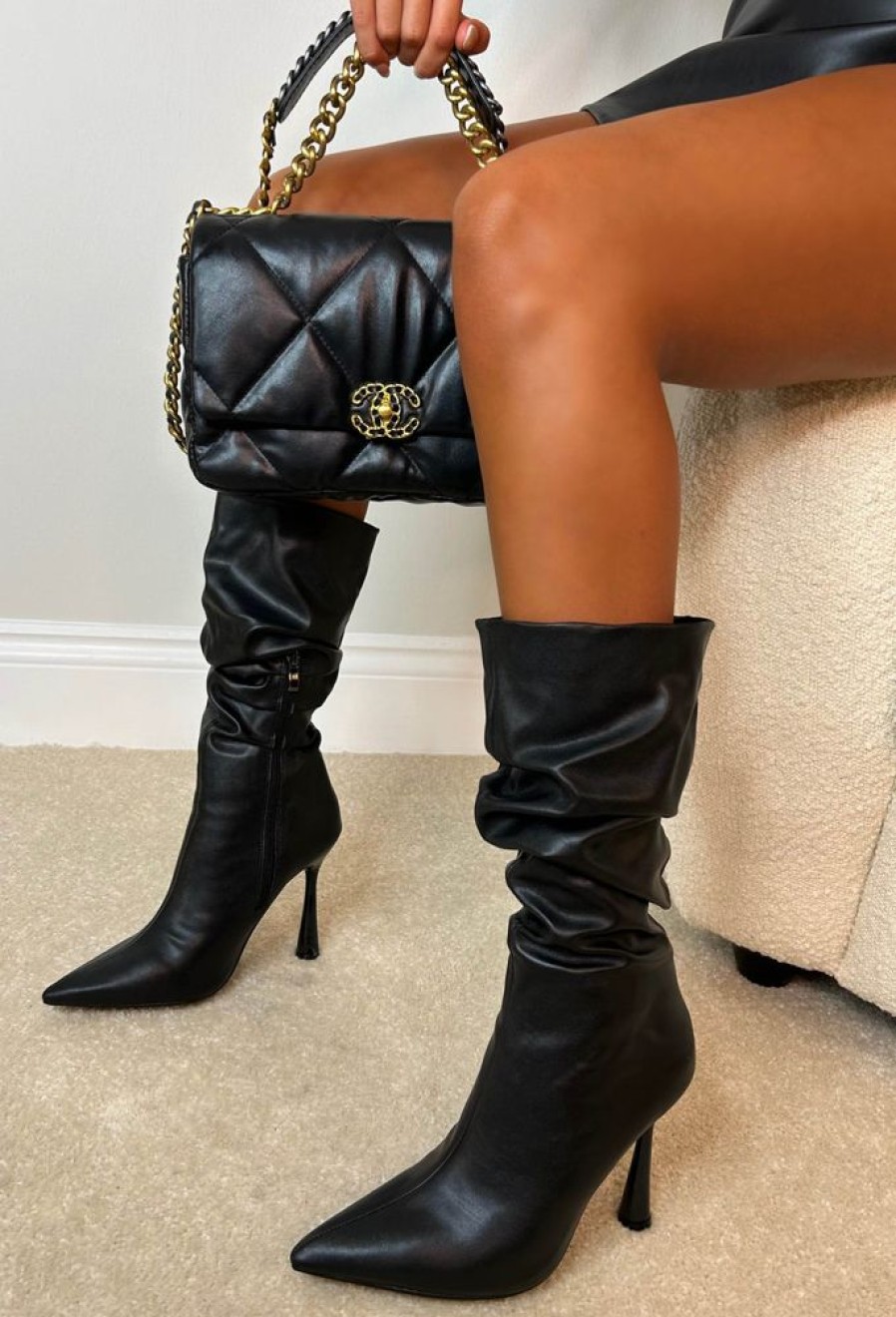 New Leave A Message Black Faux Leather Ruched Boot High Heels