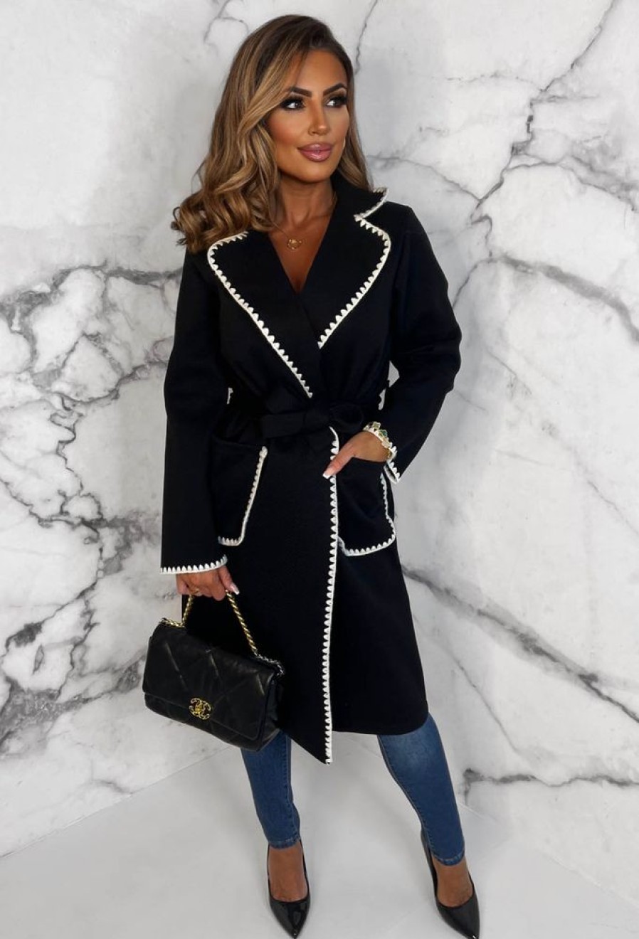 Best Chic Love Black Contrast Stitch Belted Coat Coats And Jackets