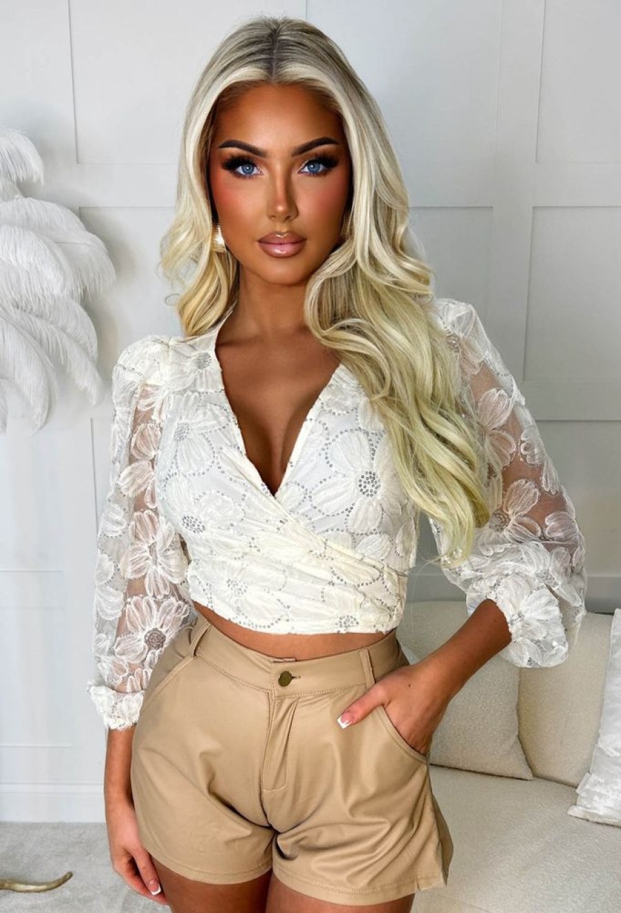 Hot Luxe Luster Cream Flower Mesh Sequin Wrap Top Limited Edition Tops