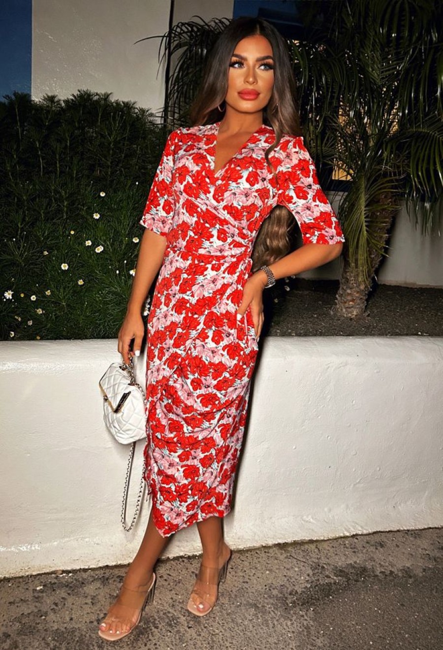 Online Sicily Sunset Pink Floral Wrap Midi Dress Summer Dresses