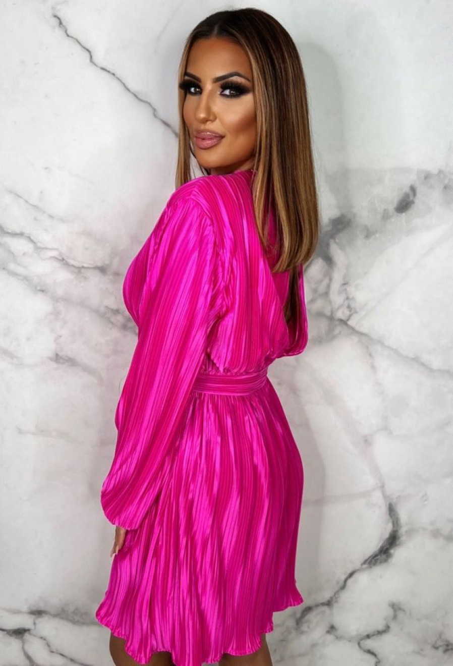 Best Plisse Please Hot Pink Pleated Long Sleeve Wrap Belted Mini Dress Summer Dresses