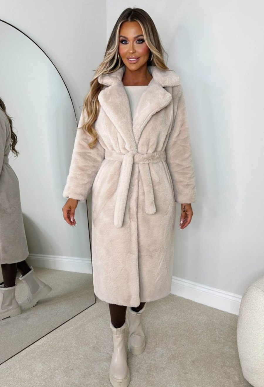 Online Fur Fantasy Beige Faux Fur Belted Coat Coats And Jackets