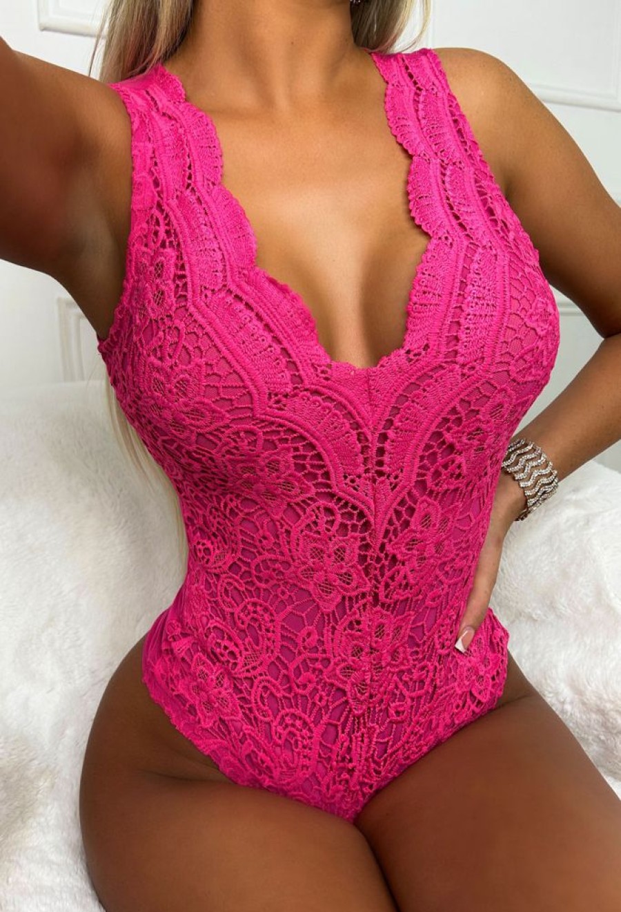 Online Sweetheart Pink Crochet Lace Bodysuit Bodysuits