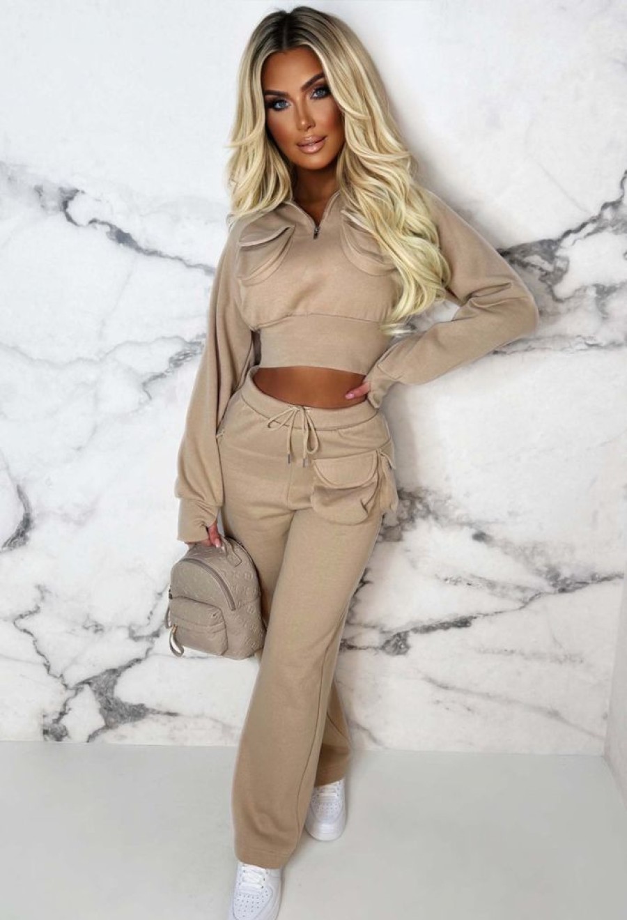 Hot Urban Destination Beige Cargo Pocket Two Piece Loungewear Set Loungewear