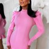 Best Stay Sweet Pink Puff Sleeve Frill Hem Knitted Dress Dresses