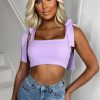 Online Special Love Lilac Bow Strap Square Neck Crop Top Tops