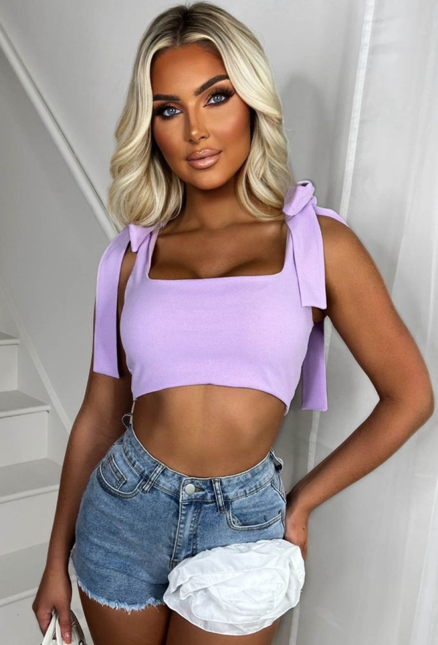 Online Special Love Lilac Bow Strap Square Neck Crop Top Tops