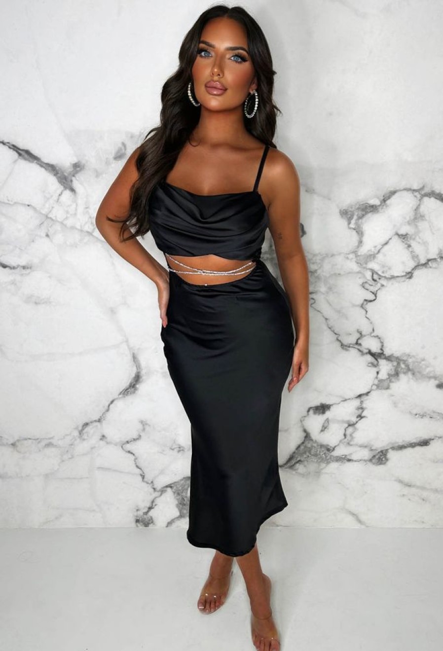 Clearance Dazzled In Diamonds Black Stretch Back Satin Cut Out Diamante Belted Midi Dress Dresses