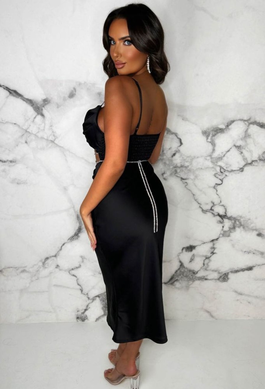 Clearance Dazzled In Diamonds Black Stretch Back Satin Cut Out Diamante Belted Midi Dress Dresses