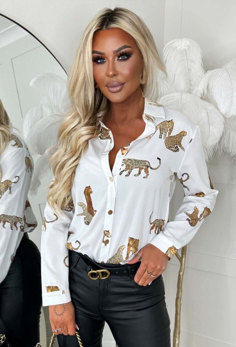 Best On Your Mind White Leopard Print Gold Button Oversized Shirt Tops