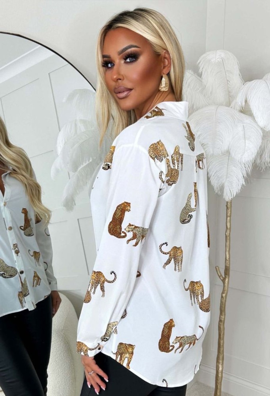 Best On Your Mind White Leopard Print Gold Button Oversized Shirt Tops