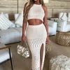 Best Cabana Crush Beige Crochet Knitted Halterneck Maxi Skirt Co-Ord Set Co-Ords