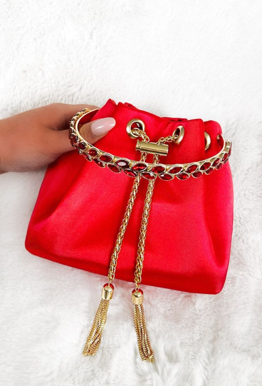 Wholesale Elegant Charm Red Satin Diamante Embellished Handle Bag Bags