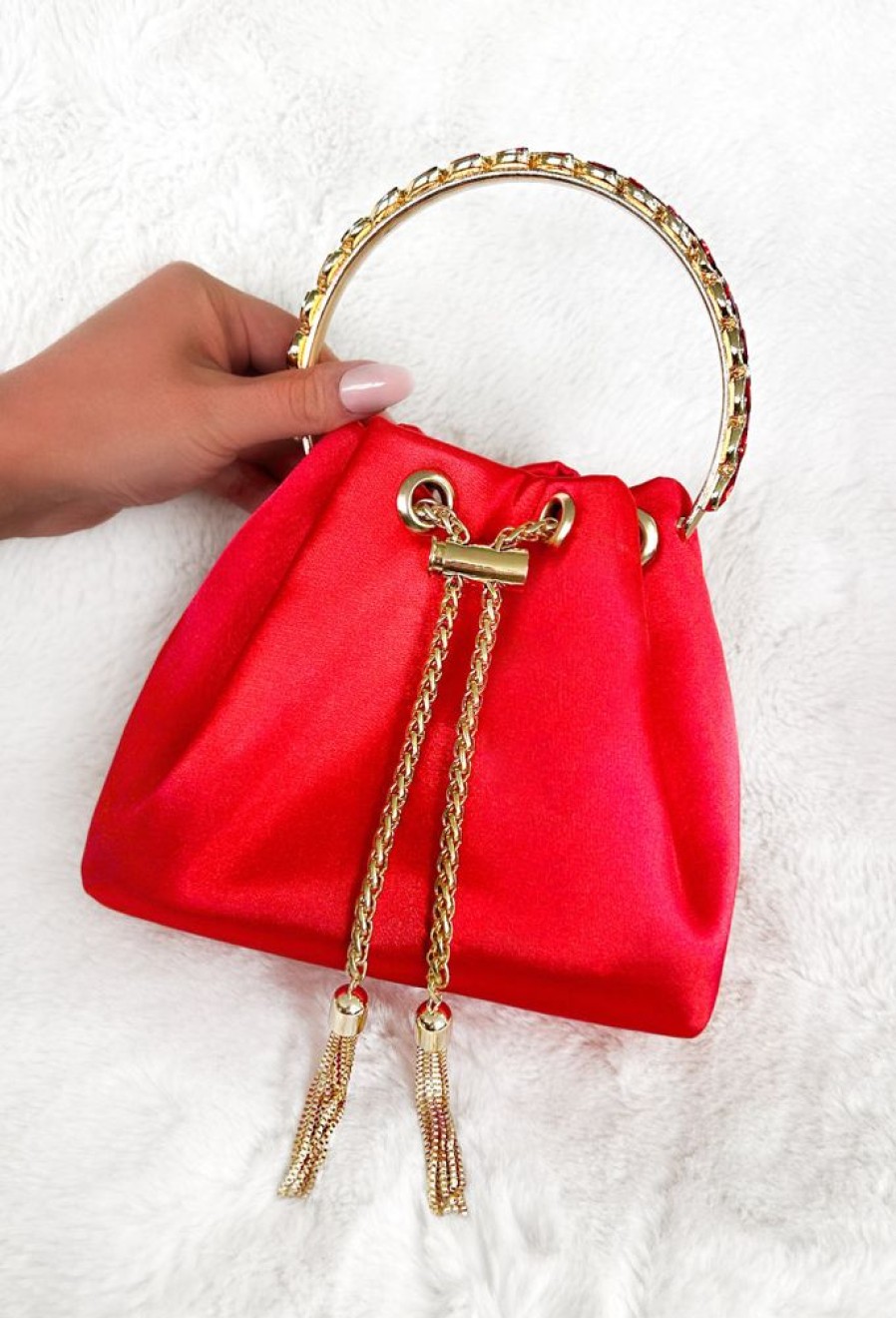 Wholesale Elegant Charm Red Satin Diamante Embellished Handle Bag Bags