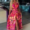 Wholesale Dubai Luxury Pink Satin Printed Maxi Dress Dresses