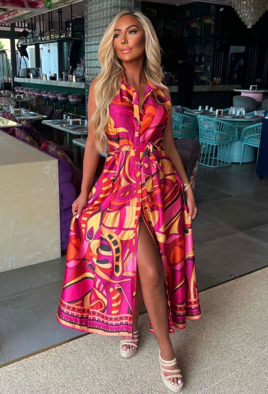 Wholesale Dubai Luxury Pink Satin Printed Maxi Dress Dresses