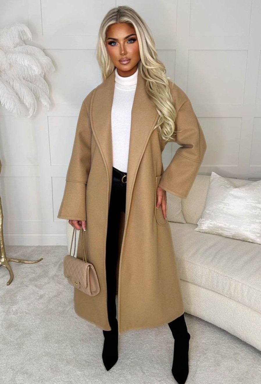 New Chic Fantasy Camel Belted Shawl Neck Coat Coats And Jackets