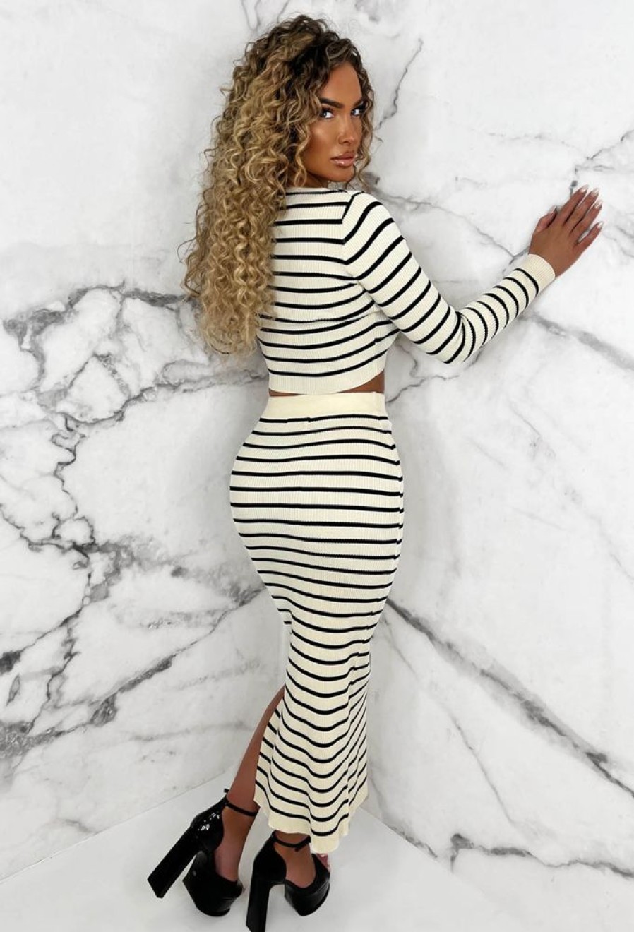 Hot Stripe Sensation Beige Striped Long Sleeve Knitted Midi Skirt Co-Ord Set Co-Ords