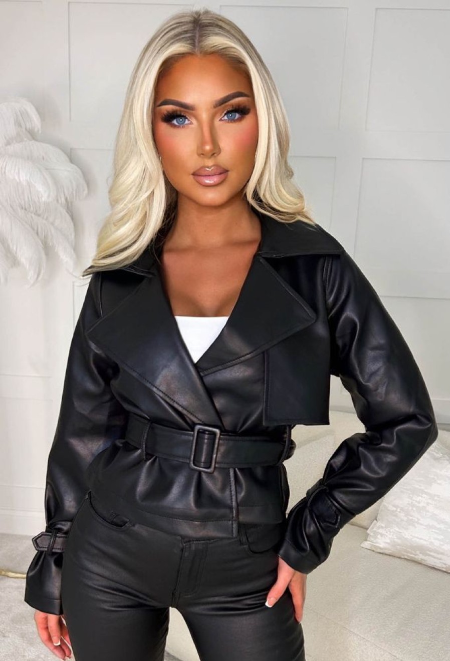 Wholesale Try To Resist Me Black Faux Leather Cropped Trench Jacket Coats And Jackets