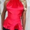 Clearance Glistening Glam Coral Satin Wrap Halterneck Top Tops